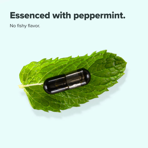 A black capsule sits on a fresh green peppermint leaf with text above reading “Essenced with peppermint. No fishy flavor.” on a light blue background.