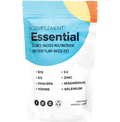 A white and colorful pouch labeled “Complement Essential” advertises science-backed multinutrients for plant-based diets, listing B12, D3, DHA/EPA, iodine, K2, zinc, magnesium, and selenium.