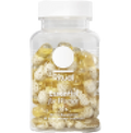 A plastic bottle filled with yellow and white capsules or supplements, with a white cap and an unreadable label due to low image resolution.