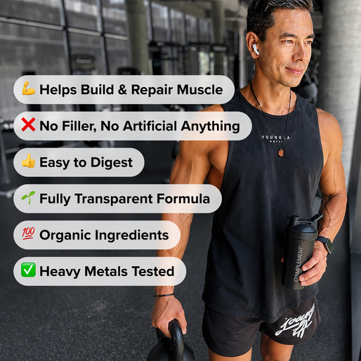 Athletic man in a gym holding a kettlebell and a shaker bottle, with overlayed icons highlighting benefits of a supplement, such as muscle repair, transparency, organic ingredients, and heavy metal testing.