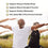 A smiling man leads an outdoor group yoga session. Four health benefits are listed, including bone support and muscle strength, on a clear, sunny day.