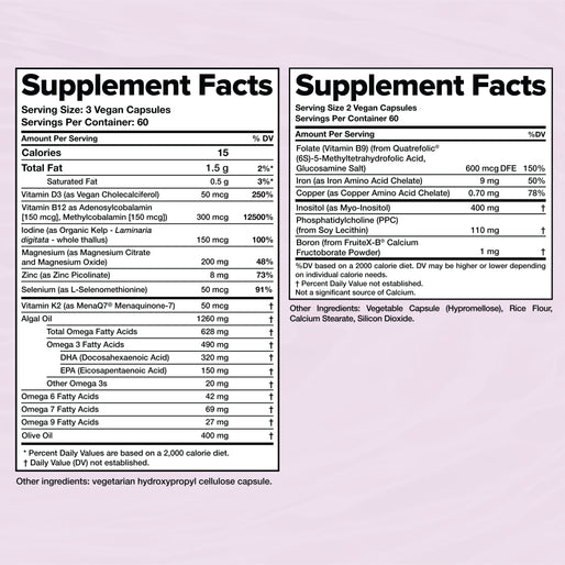 Two supplement facts labels list vitamins, minerals, and other nutrients with their amounts and daily values. The left label emphasizes basic nutrients; the right includes proprietary blends and additional compounds.