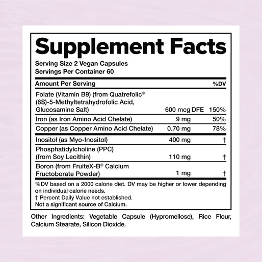 Supplement Facts label for a vegan capsule supplement, listing nutrients like Folate, Iron, Copper, Inositol, Phosphatidylcholine, and Boron, with daily values and ingredients on a light purple background.