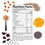 A nutrition facts label showing 100 calories per serving is surrounded by various ingredients: almonds, sunflower seeds, yellow peas, chia seeds, dark chocolate chunks, a scoop of protein powder, and a pumpkin seed.