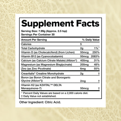 Supplement Facts label showing serving size, servings per container, caloric content, and amounts/percent daily values for vitamins, minerals, and other ingredients, including vitamin D, K2, calcium, magnesium, zinc, and citric acid.