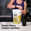 A person in a purple tank top opens a shaker bottle next to a bag of Complement Vanilla Organic Protein on a kitchen counter. The text reads: “Classic flavor, modern nutrition.”.