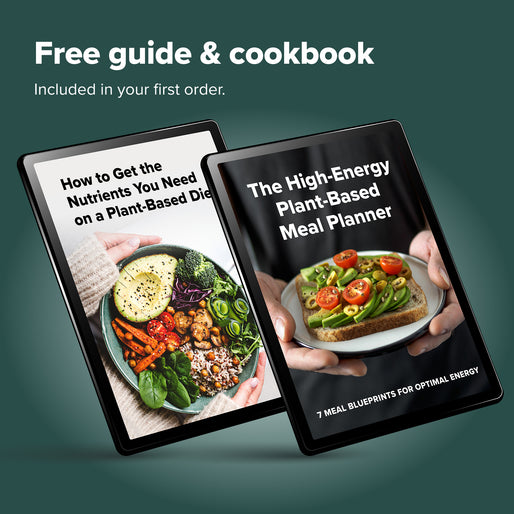 Two tablets display plant-based diet guides. The left shows a colorful bowl of vegetables and grains; the right shows avocado toast. Text above reads Free guide & cookbook. Included in your first order.