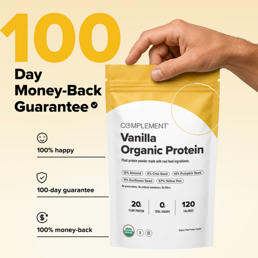 A hand holds a yellow and white bag of Complement Vanilla Organic Protein against a beige background. Text highlights a 100-day money-back guarantee, and icons emphasize happiness, the guarantee, and a money-back promise.