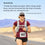 A woman wearing a maroon shirt and race bib 683 runs on a desert road, smiling. Above is a five-star review and a quote about improved energy and focus from Erica M., described as a busy mom and runner.
