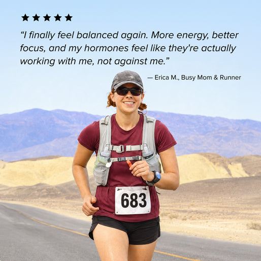 A woman wearing a maroon shirt and race bib 683 runs on a desert road, smiling. Above is a five-star review and a quote about improved energy and focus from Erica M., described as a busy mom and runner.
