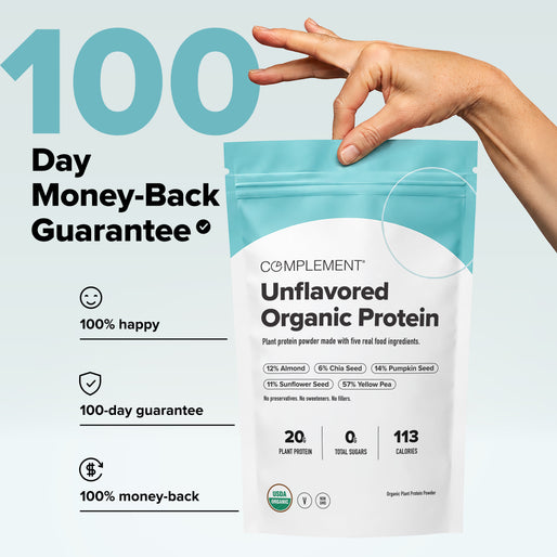 A hand holds a bag labeled Unflavored Organic Protein by Complement. Text promotes a 100-day money-back guarantee, 100% happiness, and product details like 20g protein, 0g sugars, and 113 calories per serving.