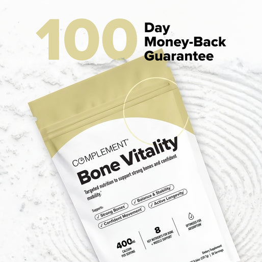 A beige and white pouch labeled Bone Vitality with text about bone health is shown. The background says 100 Day Money-Back Guarantee in bold yellow and black letters.