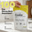 A hand holds a yellow and white bag of Complement Creatine on a table. Text reads 100 Day Money-Back Guarantee with icons for happiness, 100-day guarantee, and money-back assurances. A glass of water sits nearby.