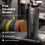 A black insulated shaker bottle labeled COMPLEMENT is on a gym bench, with colorful weight plates and gym equipment blurred in the background. Text highlights its 600ml/20fl.oz capacity, stainless steel material, and leak-proof guarantee.