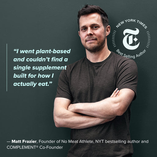 A man with short dark hair and a beard stands with arms crossed, wearing a dark t-shirt against a gray wall. A quote about plant-based supplements is displayed, along with text identifying him as Matt Frazier, NYT bestselling author.