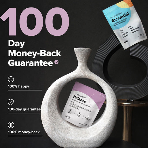 Two supplement packages are displayed with a white, circular vase and a black curved object. Text reads 100 Day Money-Back Guarantee, with icons and phrases: 100% happy, 100-day guarantee, and 100% money-back..