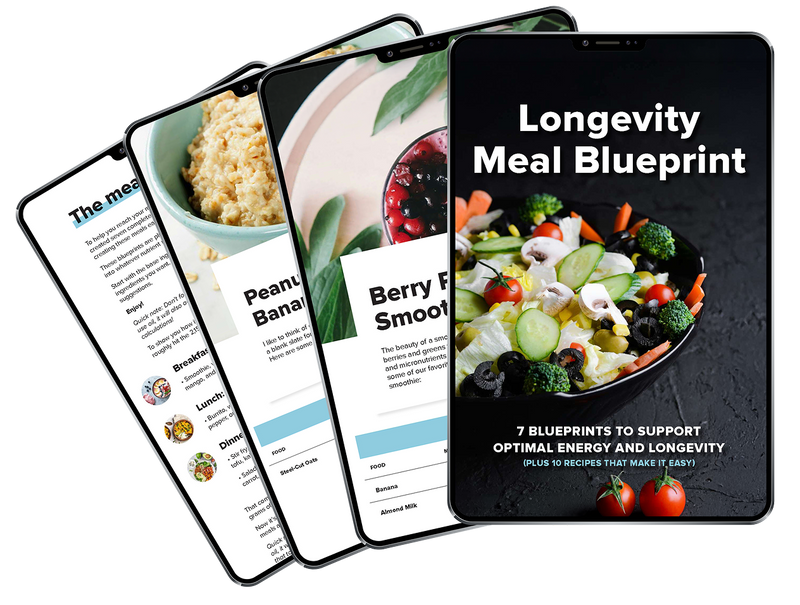 Four digital tablets display pages from a healthy eating guide titled Longevity Meal Blueprint, featuring a colorful salad on the cover and recipe pages for oatmeal, peanut butter banana dip, and a berry smoothie.