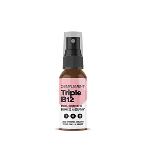A small brown spray bottle labeled COMPLEMENT® Triple B12 by Complement features a white label with a pink header, showcasing its vegan liquid B12 supplement benefits and enhanced absorption.