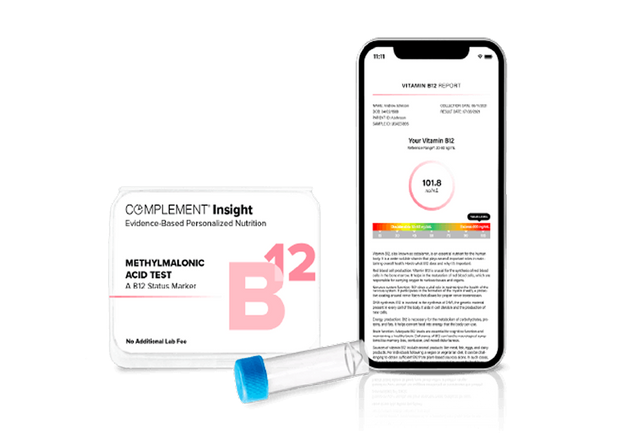 A methylmalonic acid test kit with a test tube, a results card labeled B12, and a smartphone displaying a vitamin B12 report with a numeric result and color-coded range.