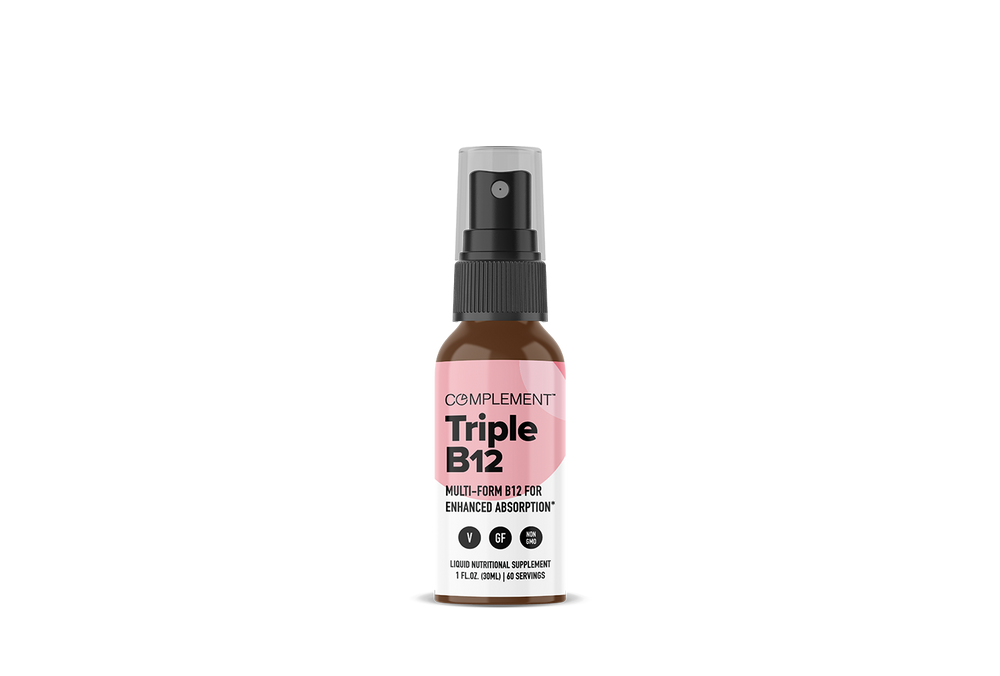 A brown spray bottle labeled Complement Triple B12 Multi-Form B12 for Enhanced Absorption against a white background. The label is pink and white with black text.
