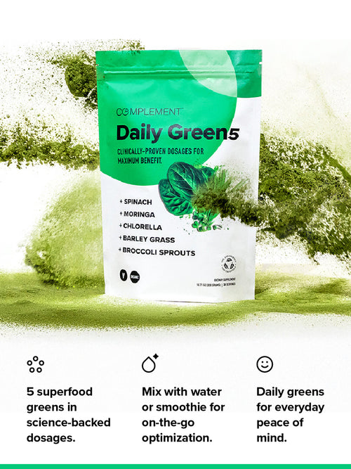 The packaging of Complements Daily Greens features a green and white design, highlighting superfood ingredients like spinach, moringa, chlorella, barley grass, and broccoli sprouts. It is designed for brain health support with science-backed doses and excellent mixability for daily use.