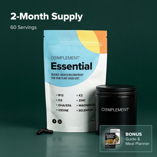 A pouch labeled Complement Essential and a black container are shown with capsules, promoting a 2-month supply (60 servings) of a plant-based multinutrient. A bonus guide and meal planner is also featured.