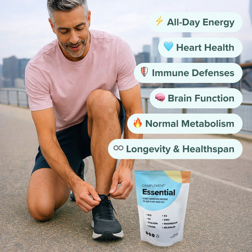 A smiling man in athletic wear ties his running shoes on a city path. Next to him are benefits of a supplement, including energy, heart health, immune support, brain function, metabolism, and longevity. A product pouch is shown.