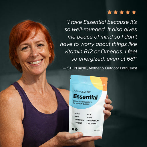 A smiling older woman with short red hair holds a bag of Complement Essential supplement. A testimonial quote about the products benefits and her age, 68, appears beside her, along with five stars and the product’s key nutrients.