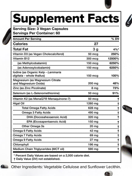 A supplement facts label for a vegan capsule product. It lists ingredients like Vitamin D3, B12, iodine, magnesium, zinc, omega fatty acids, and MCT oil, with their amounts and percentages of daily values. The serving size is 3 capsules.