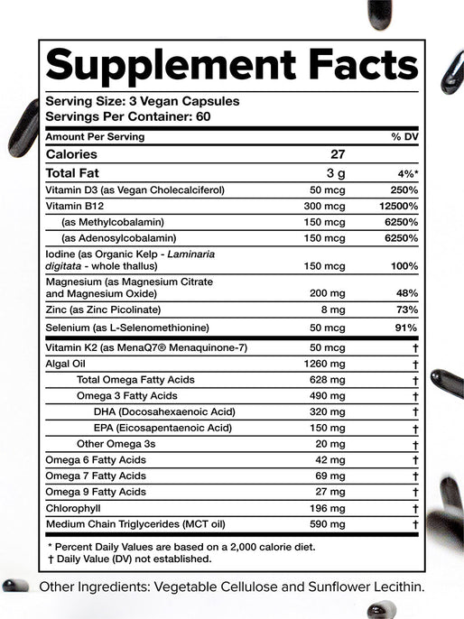 A supplement facts label for a vegan capsule product. It lists ingredients like Vitamin D3, B12, iodine, magnesium, zinc, omega fatty acids, and MCT oil, with their amounts and percentages of daily values. The serving size is 3 capsules.