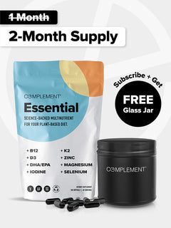 Complement Essential vegan multivitamin pouch with text that says: 2 month supply + Free refillable Jar
