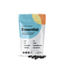 A white, colorful resealable pouch labeled Complement® Essential (Plant Based) multivitamin from Complement stands upright with several black omega-3 capsules scattered in front on a white background.
