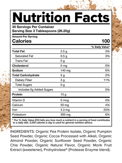 Complements Chocolate Organic Plant-Based Protein offers 100 calories per serving and combines organic pea protein, pumpkin seed powder, and organic chocolate cocoa for a rich source of fats, carbohydrates, and complete protein with natural flavors.