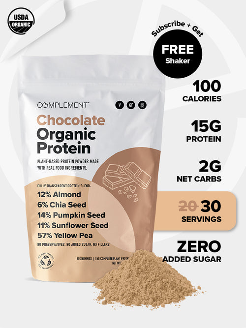 A bag of Complement Chocolate Organic Plant-Based Protein is displayed with highlights: 100 calories, 15g complete plant protein, 2g net carbs, and zero added sugar per serving. Includes promotion for a free shaker with subscription. Now updated to offer 30 servings per bag.