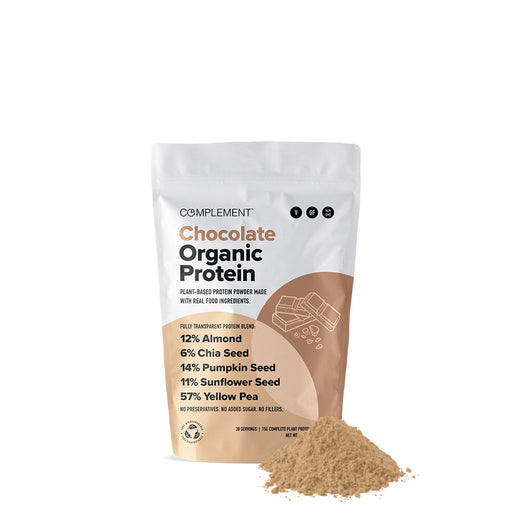 A white bag labeled Chocolate Organic Protein includes text about its plant-based ingredients: almond, chia seed, pumpkin seed, sunflower seed, and yellow pea. A mound of protein powder is placed in front of the bag.