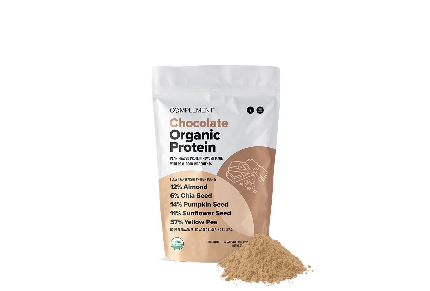 A bag labeled Complement Chocolate Organic Protein with powder spilled in front. The bag highlights plant-based protein with almond, chia, pumpkin, sunflower seeds, and yellow pea.