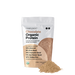 A white and tan bag of COMPLEMENT® Chocolate Organic Protein by Complement stands upright with chocolate protein powder in front, highlighting organic plant proteins: almond, chia, pumpkin seed, sunflower seed, and yellow pea.