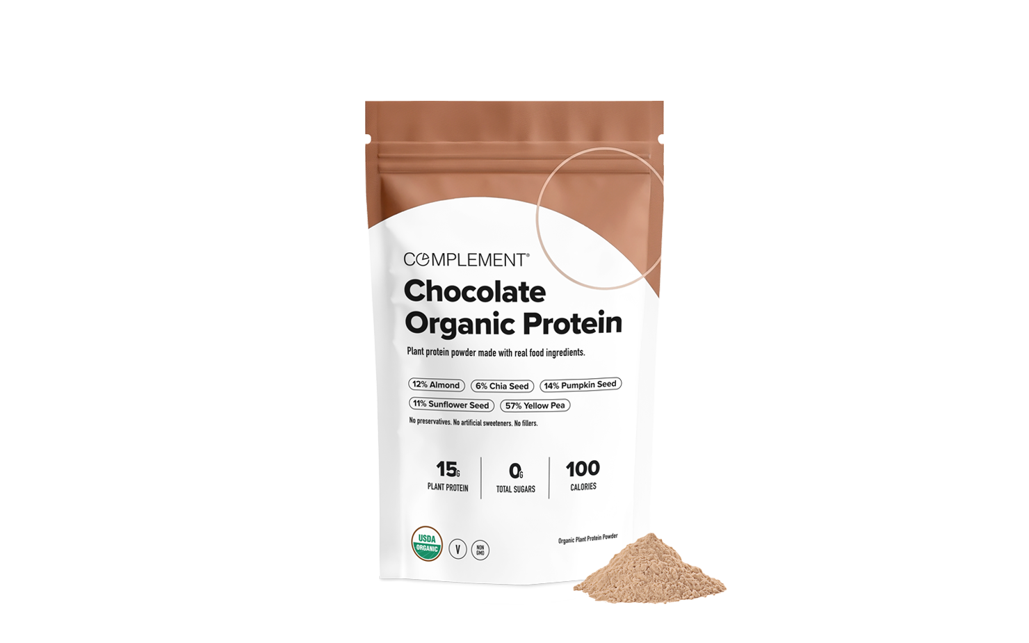 A pouch labeled Chocolate Organic Protein stands upright with a small pile of protein powder next to it. The packaging highlights plant-based ingredients and key nutritional facts on a white background.