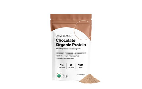 A pouch labeled Chocolate Organic Protein stands upright with a small pile of protein powder next to it. The packaging highlights plant-based ingredients and key nutritional facts on a white background.