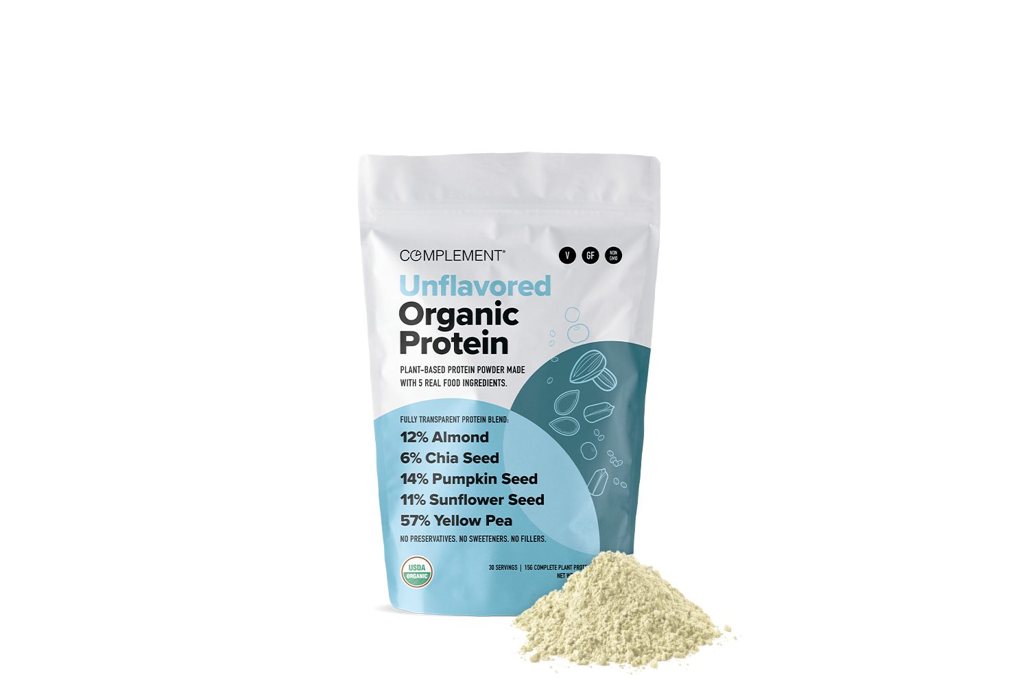 A white pouch labeled “Unflavored Organic Protein” with blue accents stands upright beside a small mound of beige protein powder. Ingredients and their percentages are listed on the pouch, including almond, chia, pumpkin, sunflower, and yellow pea.