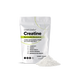 A white pouch labeled COMPLEMENT® Creatine from Complement stands upright, with a small mound of white powder in front. The packaging highlights energy, muscle growth, and brain health benefits from premium plant-based creatine.