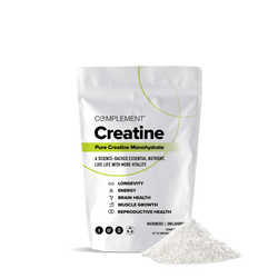 A white pouch labeled COMPLEMENT® Creatine from Complement stands upright, with a small mound of white powder in front. The packaging highlights energy, muscle growth, and brain health benefits from premium plant-based creatine.