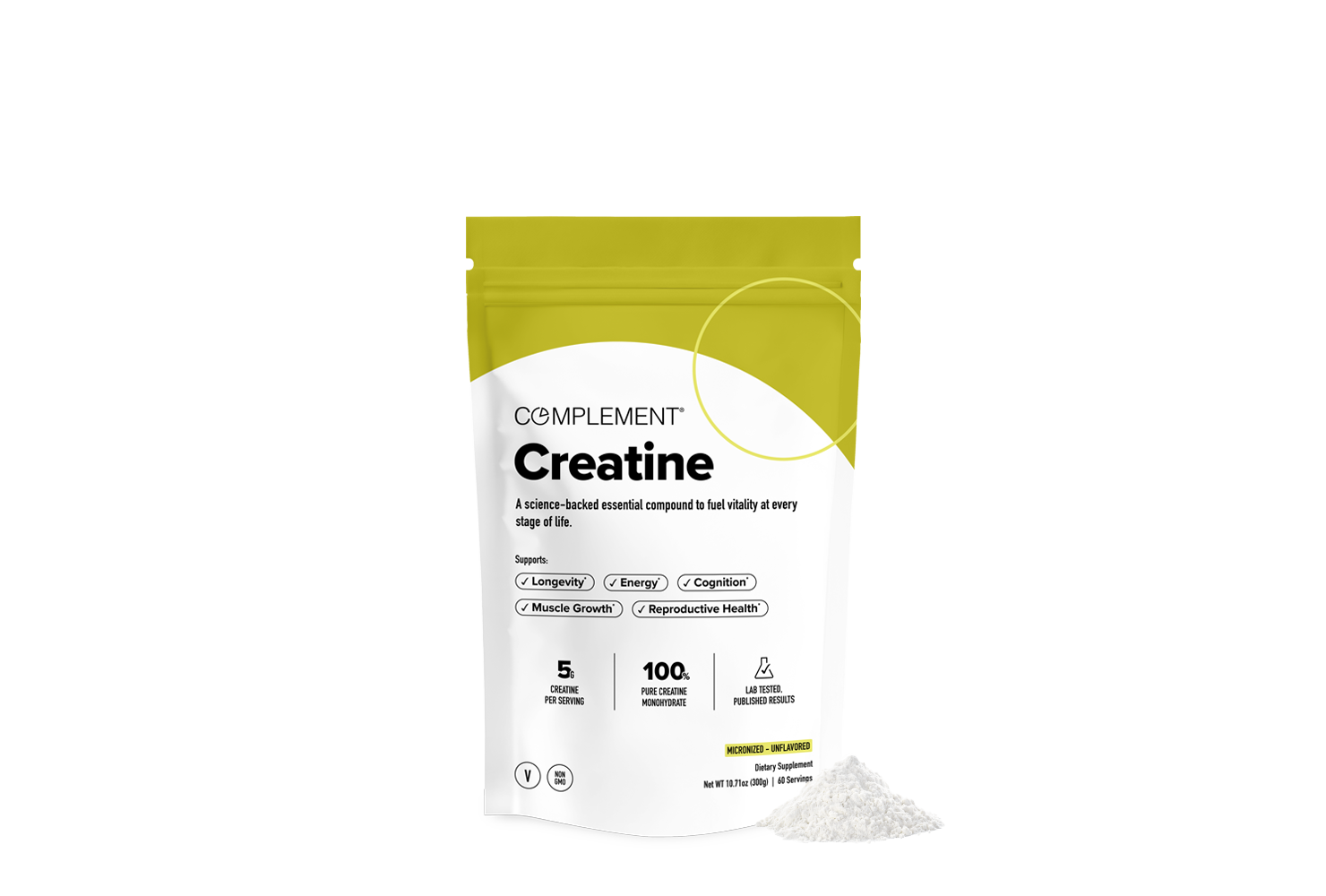 A yellow and white pouch labeled Complement Creatine stands upright, with some white powder spilled beside it. The packaging highlights benefits like muscle growth, energy, and cognition, and notes 5 grams per scoop and 100 servings.