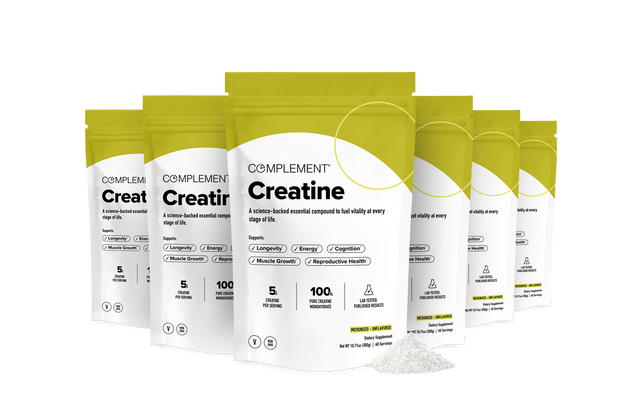 Six yellow and white Complement Creatine pouches are arranged in a semi-circle, with one pouch showing powder in front. The packaging lists benefits like muscle growth, energy, and cognition.