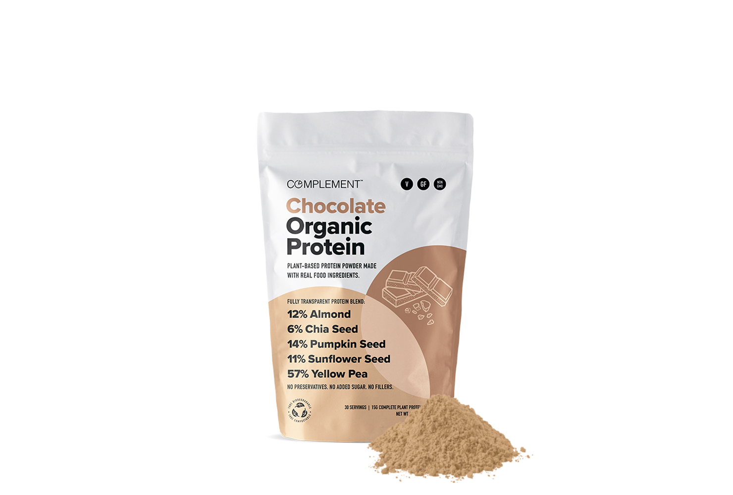 A package of Complement Chocolate Organic Protein powder is displayed against a white background. The package highlights its plant-based ingredients, including almond, chia seed, pumpkin seed, sunflower seed, and yellow pea. A small pile of the powder is in front.