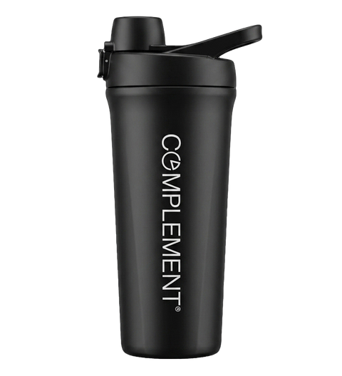 A matte black shaker bottle with a flip-top lid and the word COMPLEMENT printed vertically in white letters on the side.