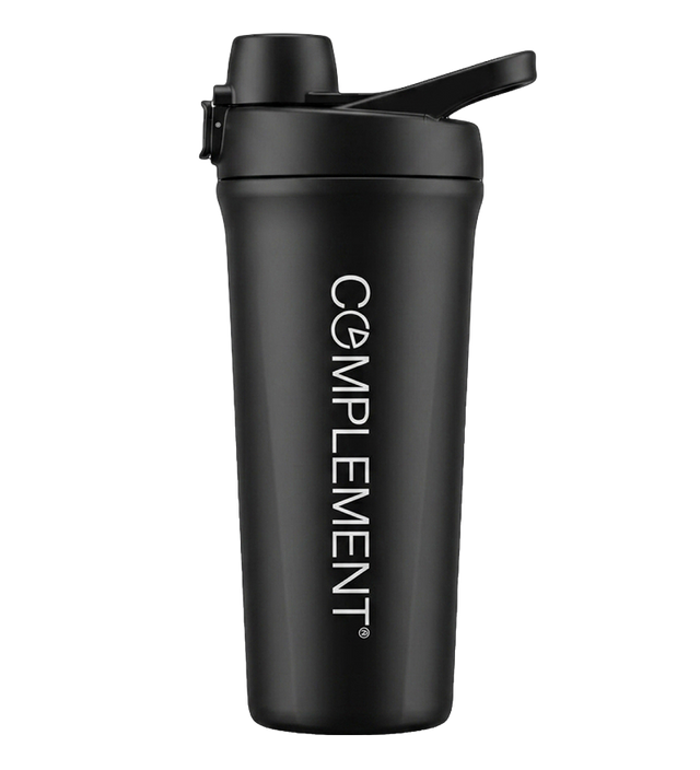 A matte black shaker bottle with a flip-top lid and the word COMPLEMENT printed vertically in white letters on the side.
