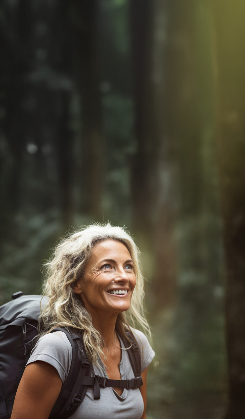 A smiling woman with wavy blonde hair and a backpack stands in a sunlit forest, looking up. She wears a gray t-shirt and appears content and relaxed among tall trees.