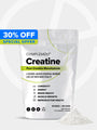 A 30% off special offer on a pouch of Complement Creatine, which is pure creatine monohydrate. The benefits listed include longevity, energy, brain health, muscle growth, and reproductive health. A small pile of creatine powder is shown next to the pouch.