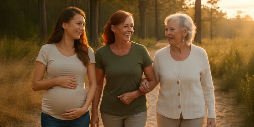 Three women of different generations, including a pregnant woman, walk arm-in-arm on a sunlit path through a forest, smiling and enjoying each others company.
